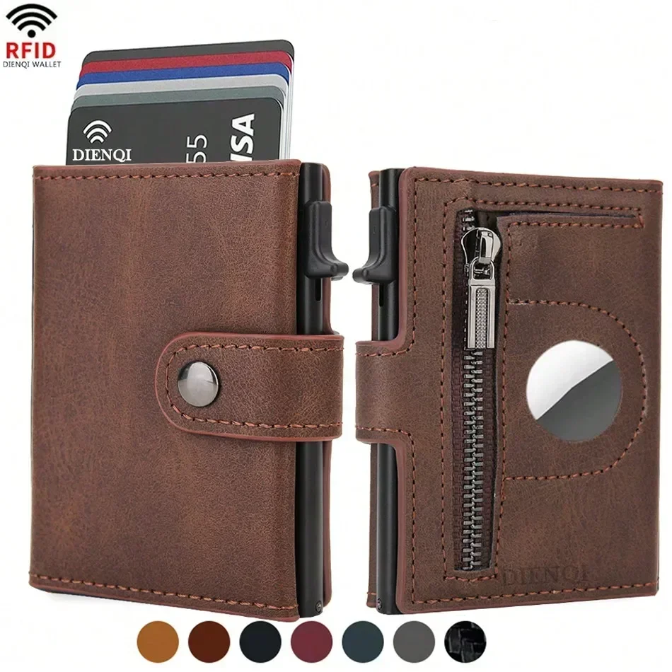 Men's Minimalist RFID Wallet, Pop Up Credit Card Holder with AirTag Slot, Zipper Coin Pocket Snap Closure Credit Card Wallet