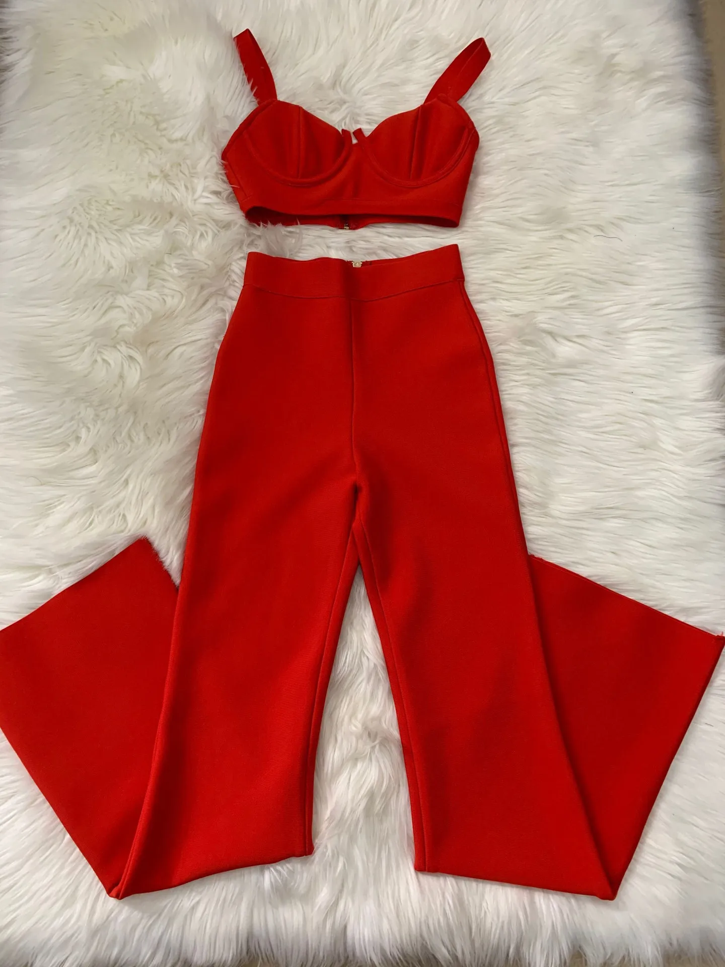 Conjunto de 2 piezas de venta de fábrica, traje de vendaje para mujer, Top corto con corpiño y pantalones largos acampanados, trajes de fiesta para Club de calle alta