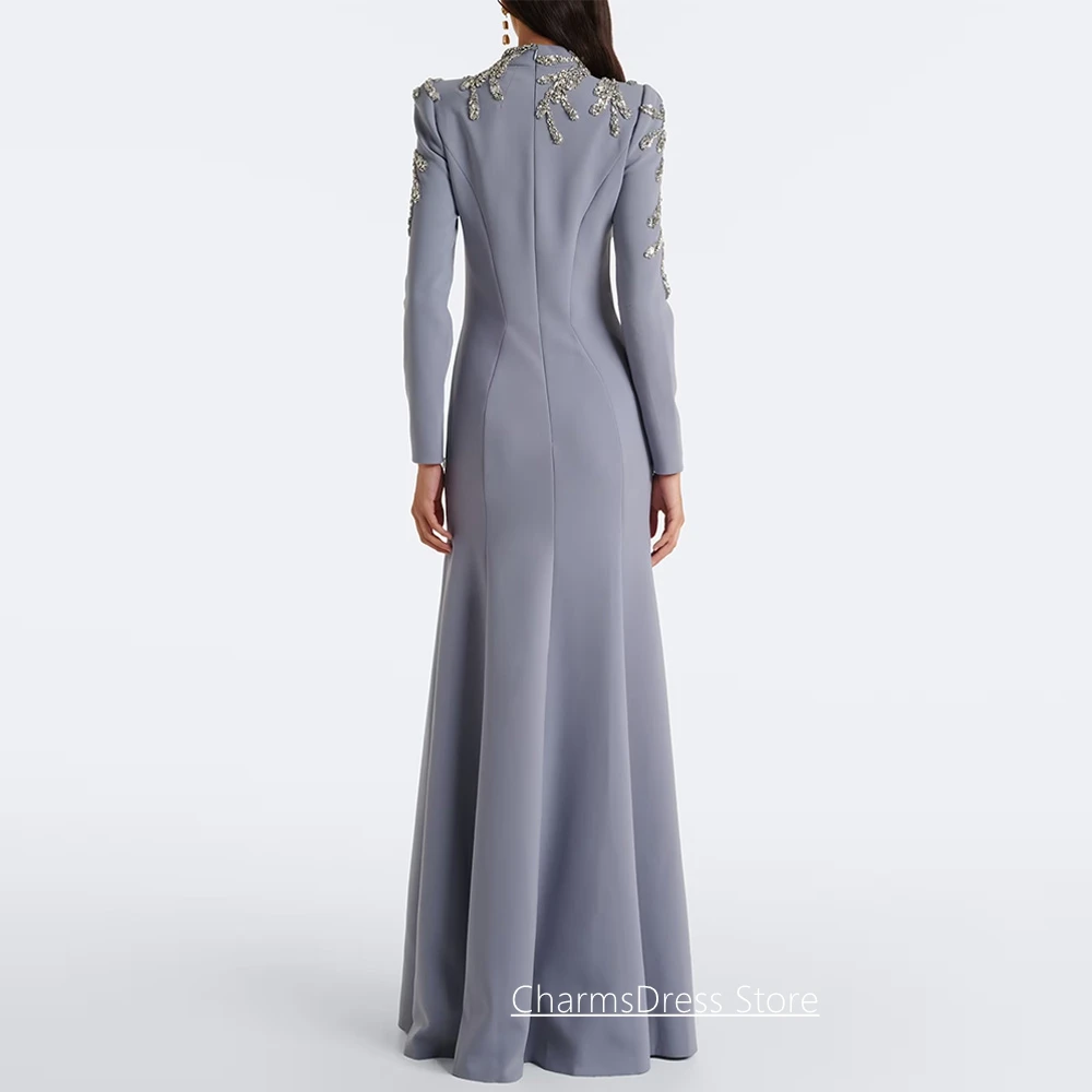Customized Modest Evening Dress High Neck Full Sleeves Crystal Stone Floor Length Mermaid Party Gown Formal Prom Dresses