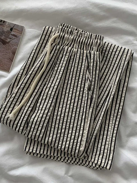 Korean Laid-ba Striped Drapey Casual Pants Women's High-waist Straight Thin Summer Elastic Waist Versatile Long Trousers