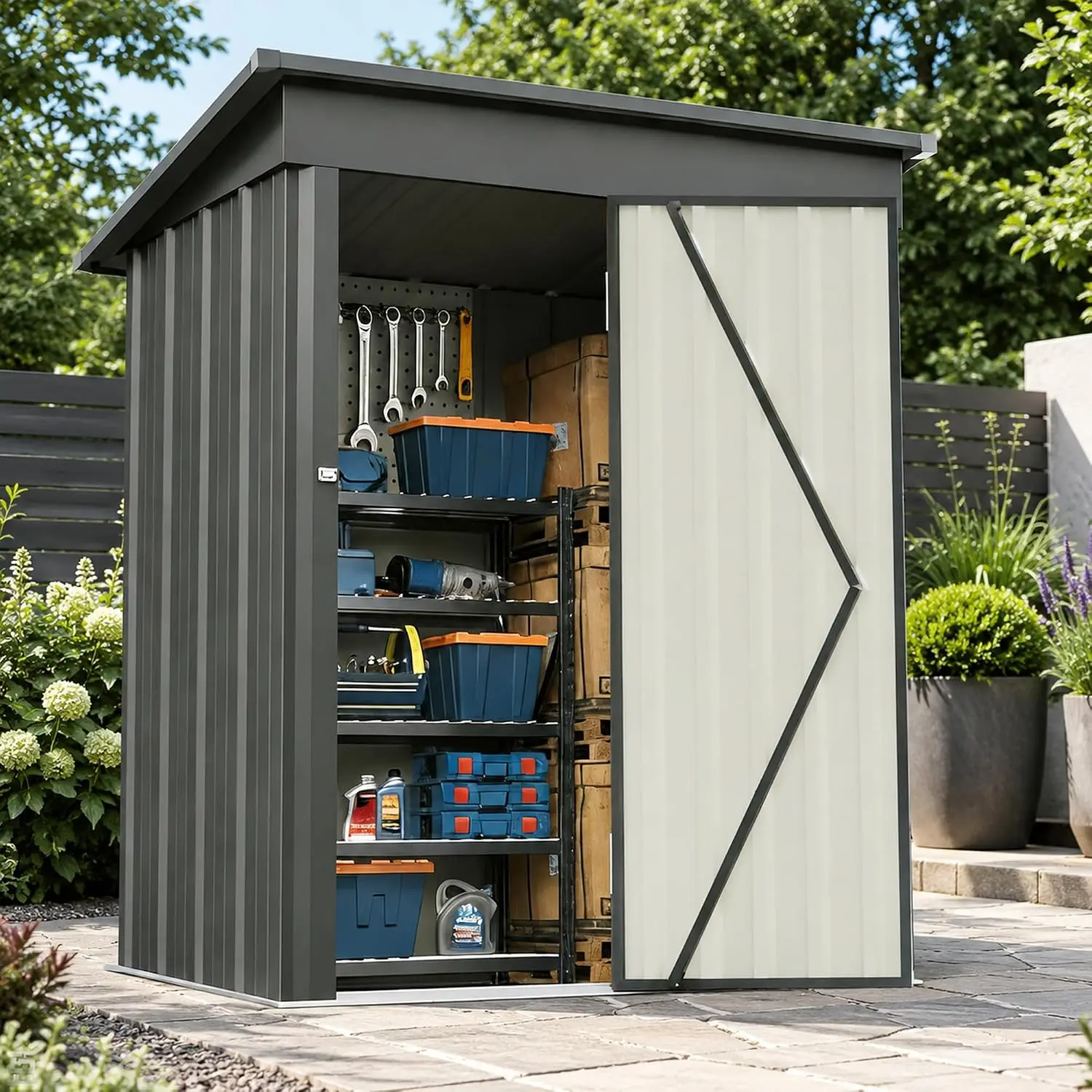 5x3 FT Outdoor Storage Shed, Metal Tool Shed with Sloping Roof and Lockable Door, Waterproof Garden Shed for Backyard, Patio, La