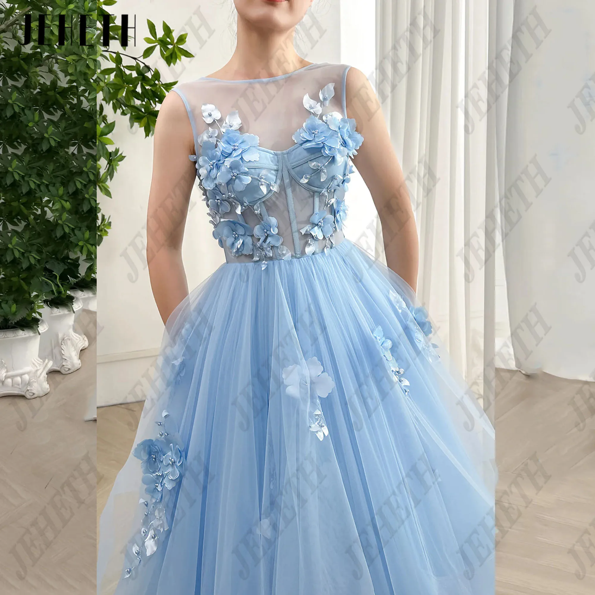 JEHETH 3D Flowers Prom Dresses Tiered Tulle Sky Blue Party Gowns For Woman Backless A-Line vestidos de ocasião Scoop Neck