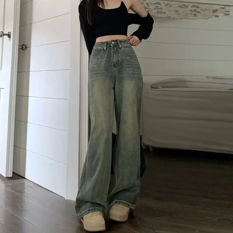 Einfarbige hoch taillierte Jeans mit geradem Bein und weitem Bein Fashion Street einfache Jeans für amerikanische Retro-Freizeit hosen für Frauen