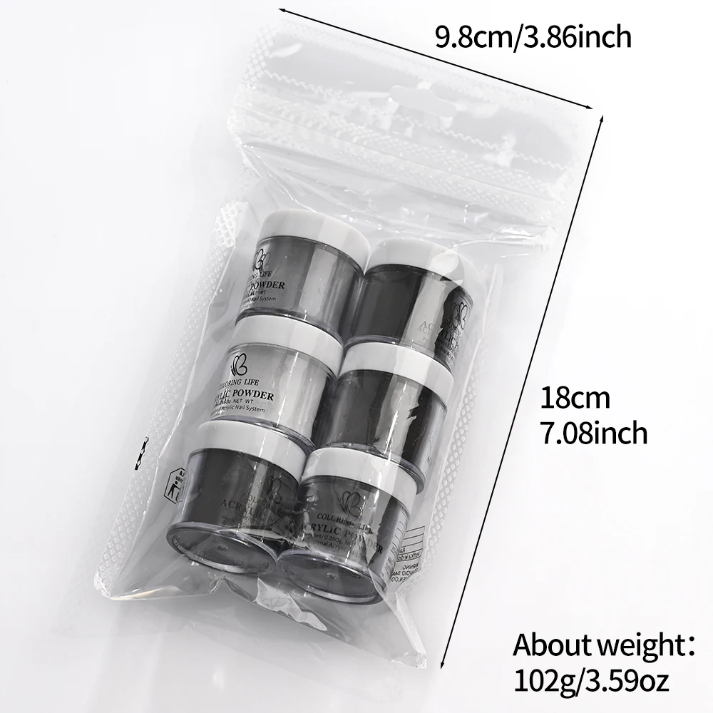 6 ألوان أسود أبيض رمادي يلمع مسمار الفن الاكريليك مسحوق المهنية تمديد/الغمس/نحت مسمار كريستال مسحوق بوليمر الغبار
