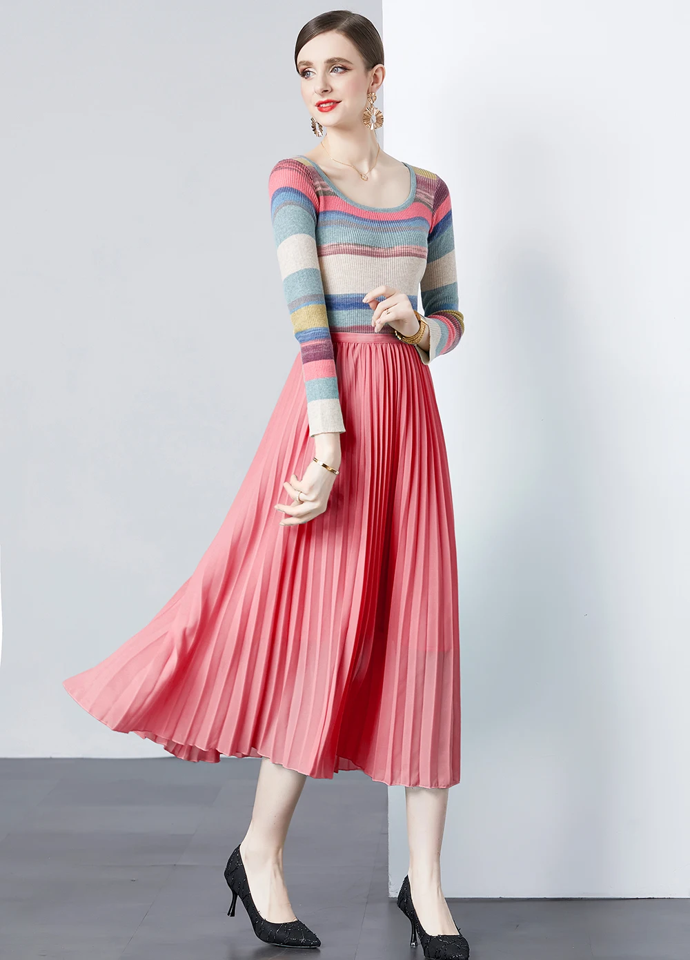 Age Reducing Slimming Simple and Versatile Knitted Top+chiffon Pleated Skirt Two-piece Set Three Bedroom Autumn Women's Clothing image 3