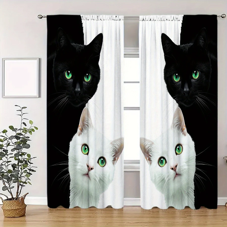 2PCS Digital Printed Curtains, Black White Cats Green Eyes Peeking Contrast, Modern Feline Art Two Tone Window Decor Living Room