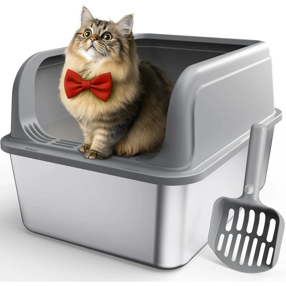 

Stainless Steel Cat Litter Box, Metal Kitty Litter Box with Scoop, Anti-Leakage Top Entry, Non-Sticky, Easy to Clean, Grey