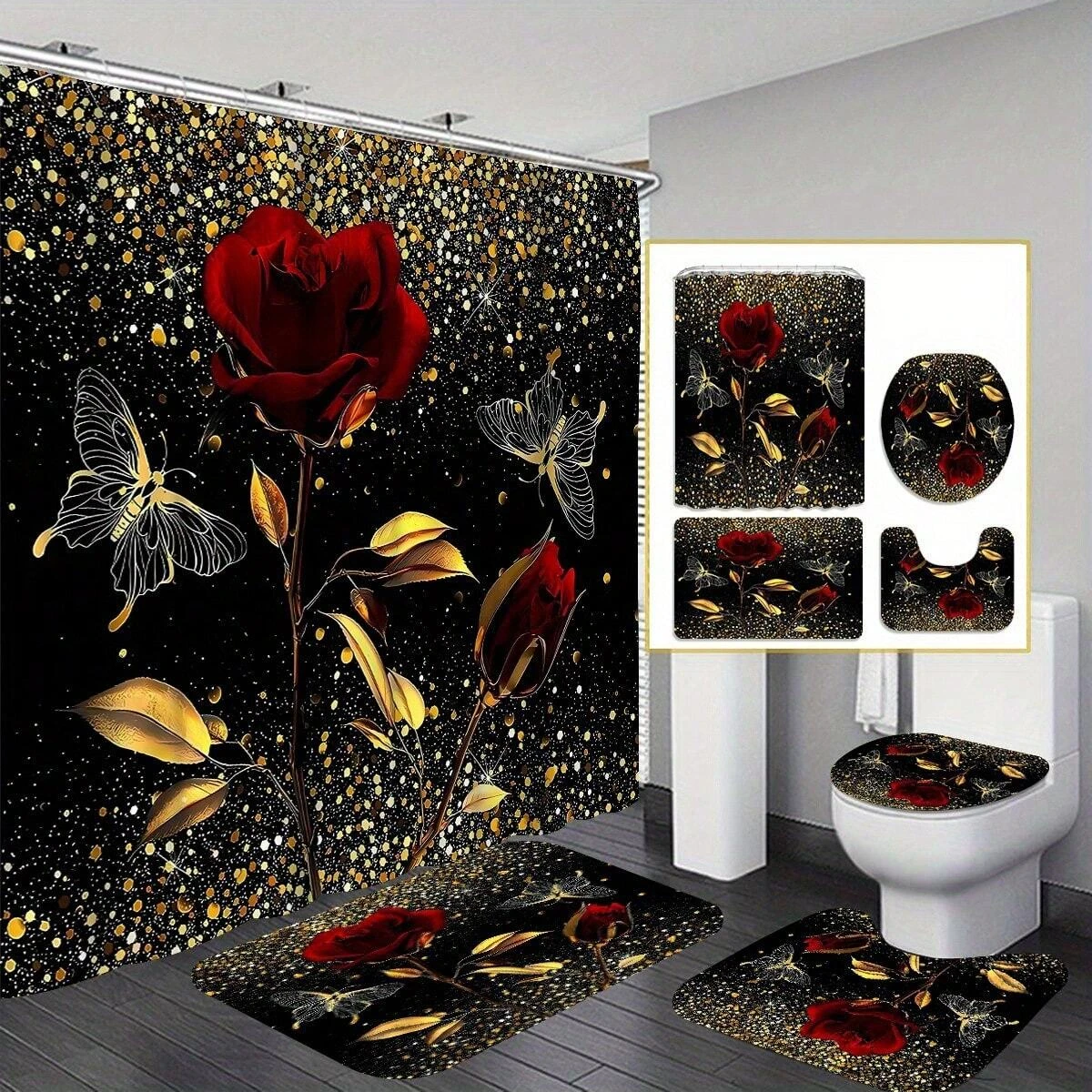 

4pcs Golden Red Rose Shower Curtain Gift Modern Home Bathroom Decoration Curtain And Toilet Floor Mat 3-Piece Set