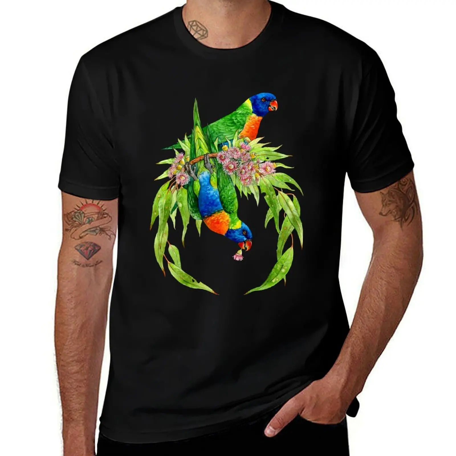 Rainbow Lorikeets Native Wreath T-Shirt Soft Stretch Short Sleeve Top T-Shirt