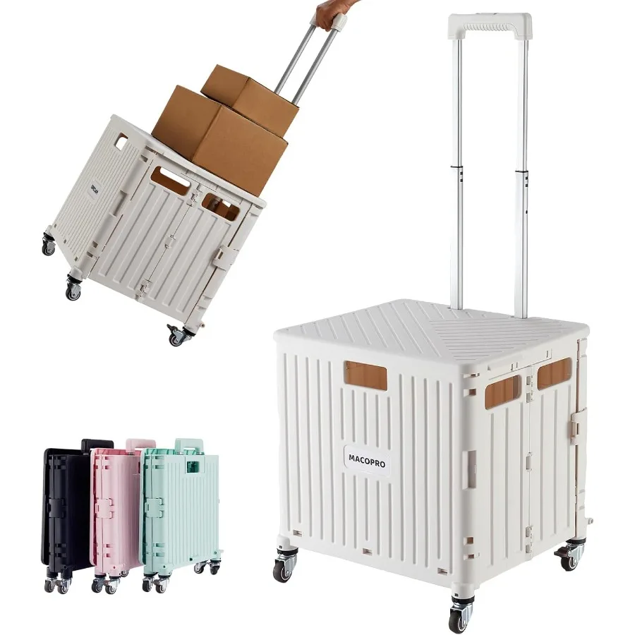 Foldable Utility Cart with Durable Heavy Duty Plastic Telescoping Handle and 4 Rotating Wheels for Portable Travel Shopping Lug