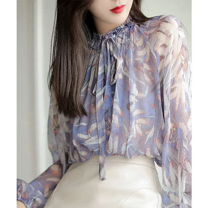 

Chiffon Shirt for Women Long-sleeved Spring 2025 New Korean Loose Printed Slim Top