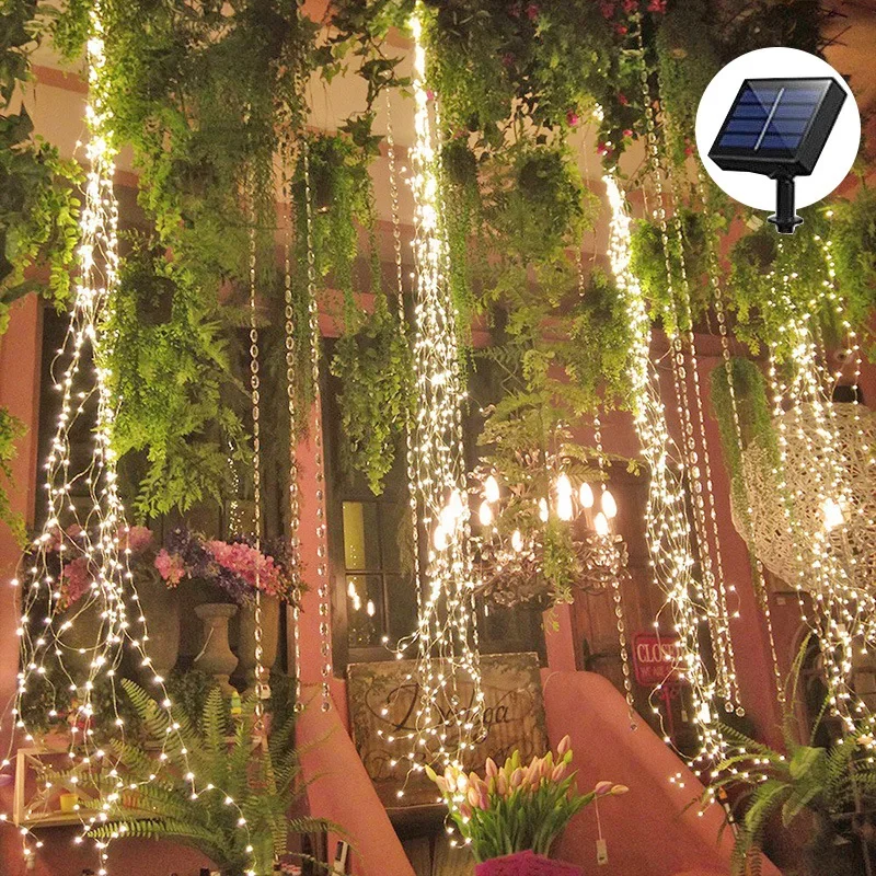 100/200LEDS Solar Fairy Lights Waterproof Waterfall Tree Vine Branch String Lamp Copper Wire Outdoor Xmas Holiday Party Wedding