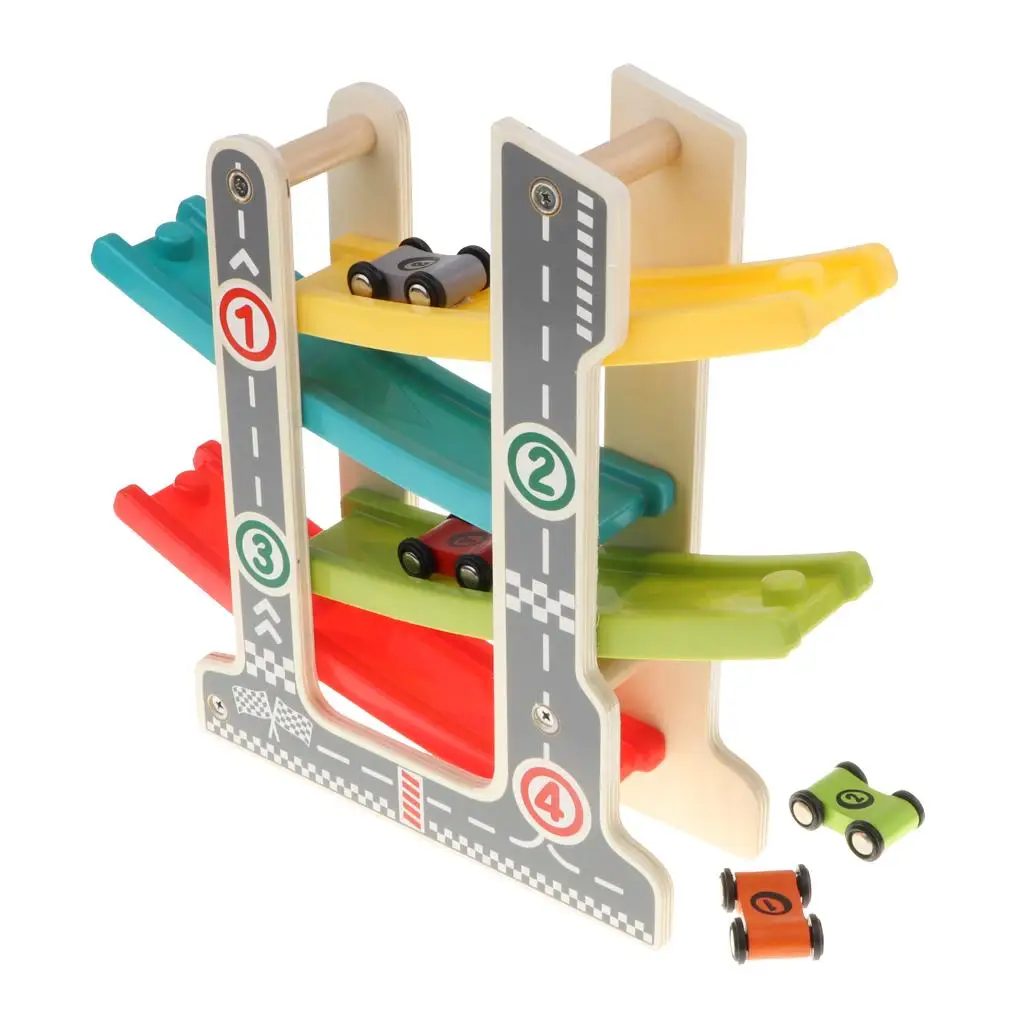 Pembalap Jalan Mobil Trek Balap 4 Lapis Kayu dengan 4 Mobil Mini, Hadiah Mainan Perkembangan Dini Balita Anak-anak