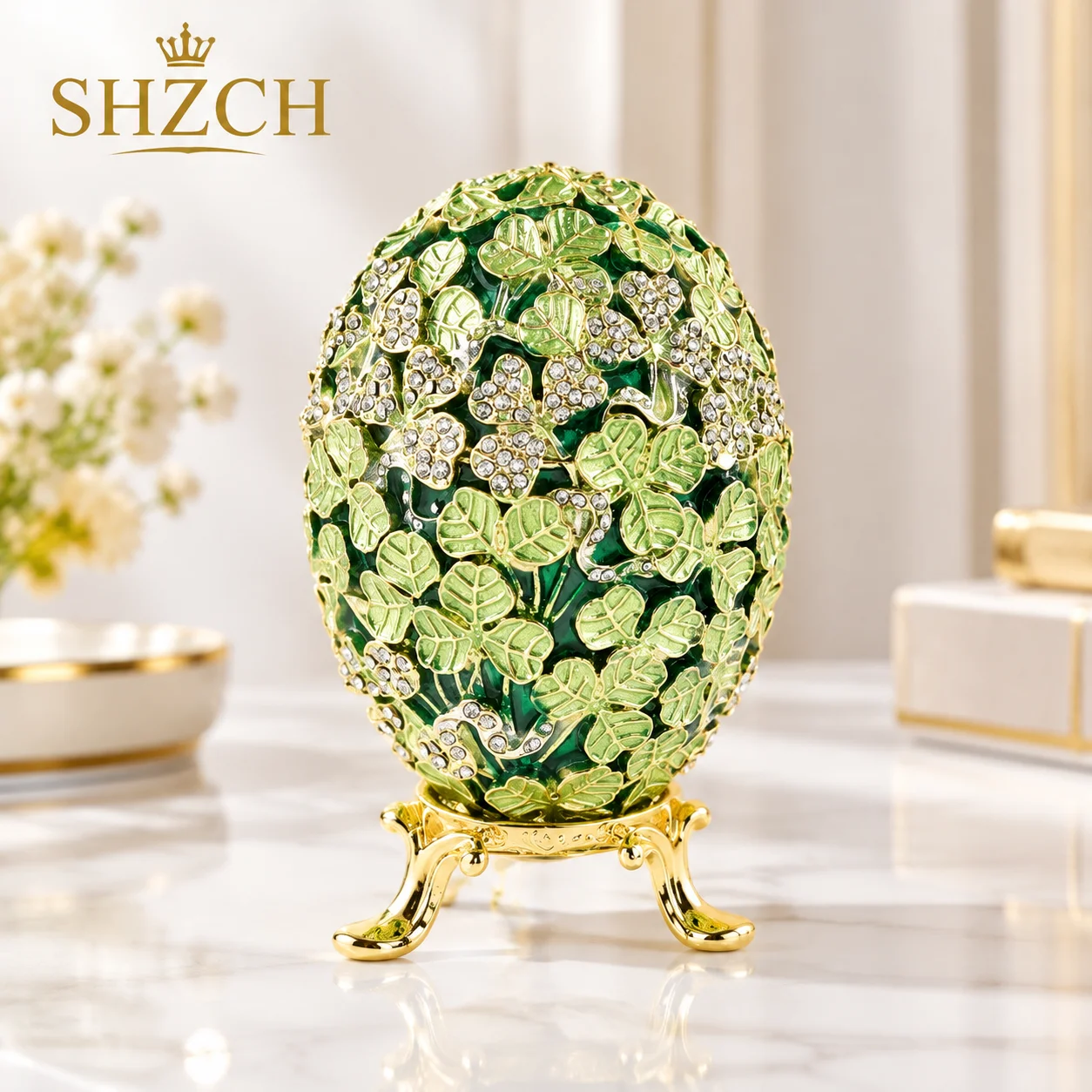 Easter Egg Trinket Box, Faberge Style Enamel Jewelry Holder, Metal Clover Base Ornament, Detachable Storage for Ring & Earring