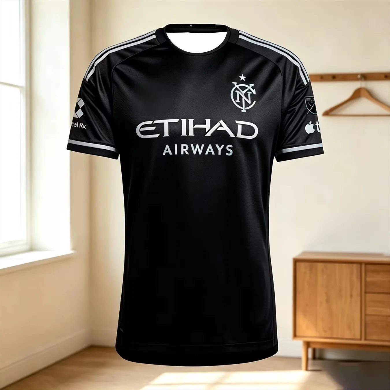 Herren NYCFC Schwarzes Auswärtstrikot mit Etihad Airways-Print, schnelltrocknend, kurzärmelig, Rundhalsausschnitt, Fußball-Fan-Trainings-Sport-T-Shirt – Detail 6