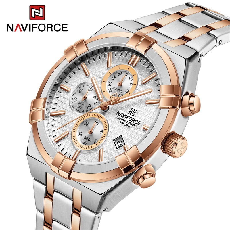 NAVIFORCE تصميم جديد للرجال ساعة كوارتز رياضية حزام الفولاذ المقاوم للصدأ مقاوم للماء كرونوغراف ساعة اليد الفاخرة Reloj Hombre 2023