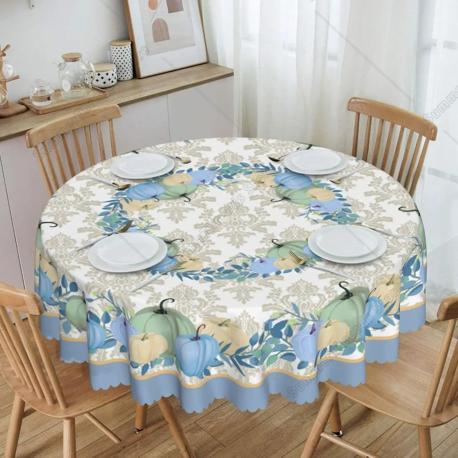 

Fall Blue Pumpkin Farmhouse Harvest Thanksgiving Round Tablecloth 60 Inch Dining Wipeable Table Cloth Cover For Holiday Home Pic