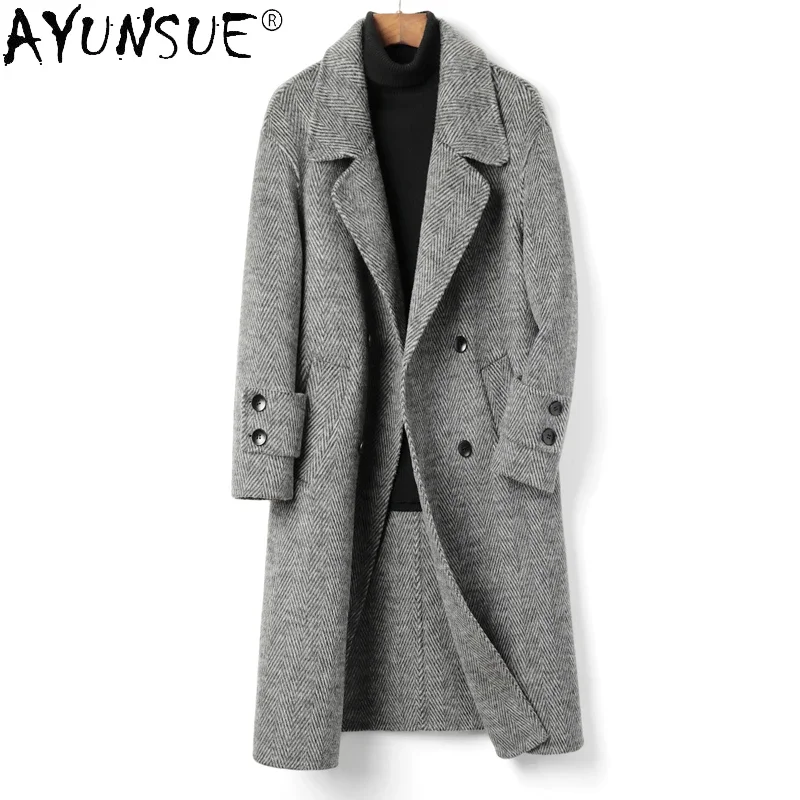 Winter Double-sided Woolen Coat Men Medium Herringbone Pattern Double-breasted Thick Woolen Jacket for Men Chaqueta Hombre FCY