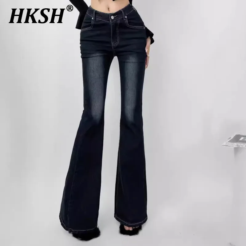 

HKSH Spring Summer New Women Tide Y2K Punk Vintage Water Washed Micro Flared Jeans V-Waist Slim Elastic Full Length Pants HK5186