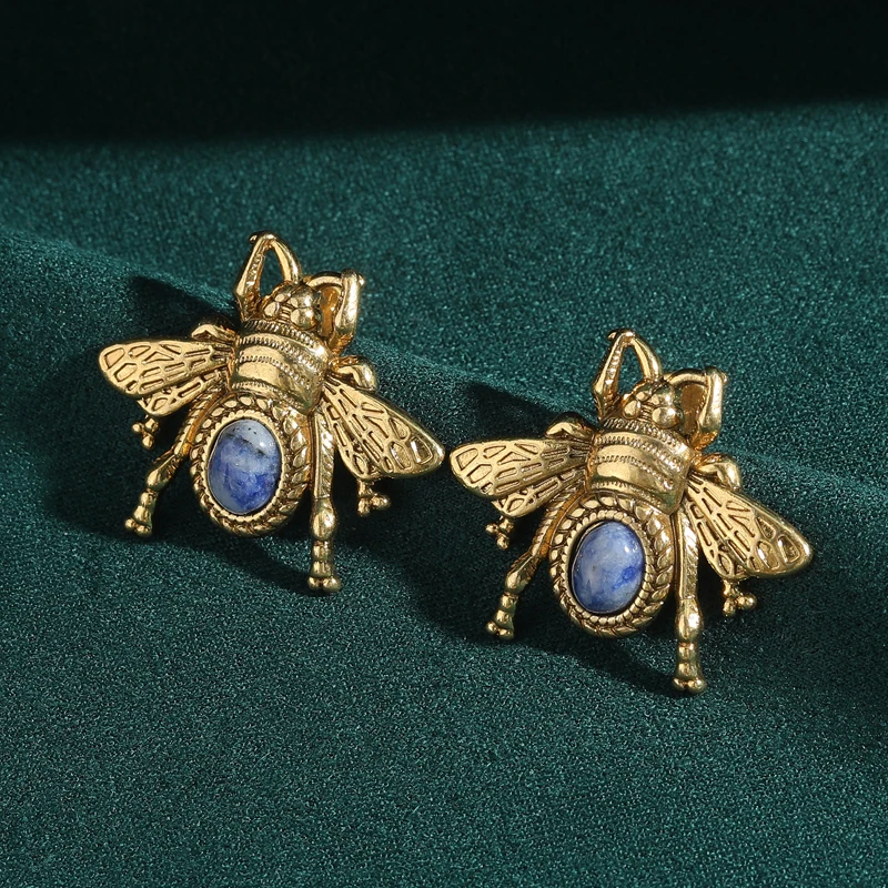 

Vintage Blue Natural Stone Bee Stud Earring 2025 Antique Gold Color Quality Luxury Designer Party For Woman Accessories Jewelry