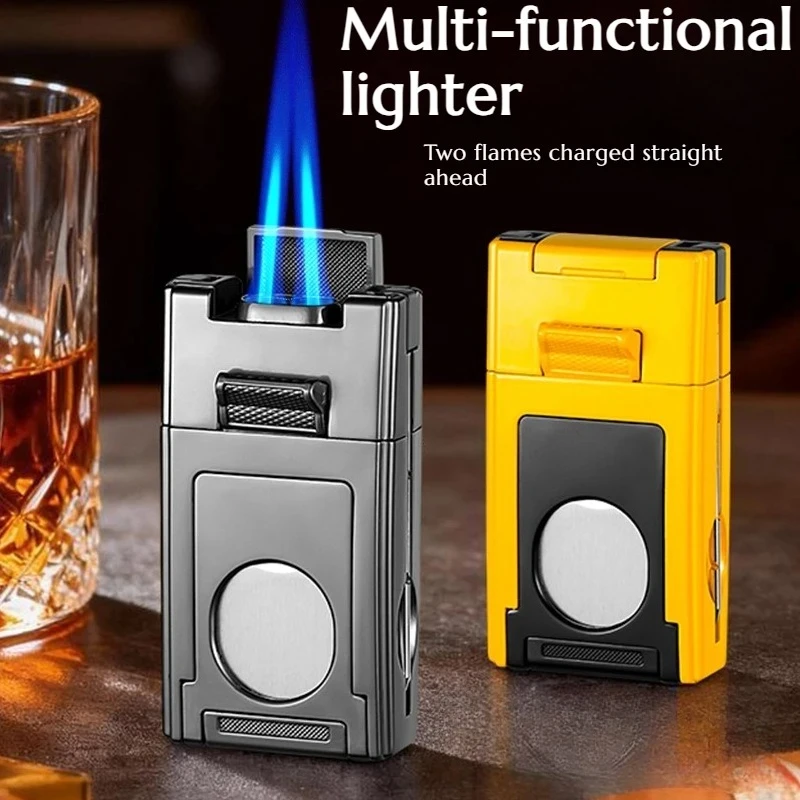 Multi-functional Cigar Machine Double Direct Injection Inflatable Windproof Blue Flame Portable Lighter with Cigar Knife Needle