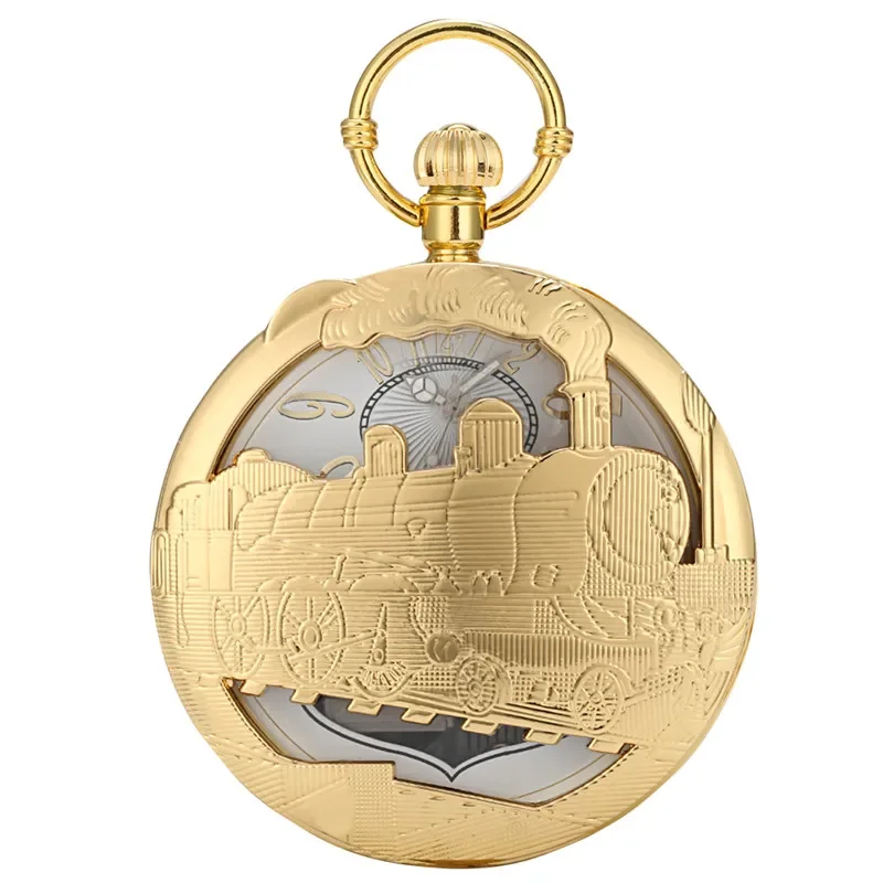 Creative Musical Pocket Watch Golden Hollow Out Train Design Swan Lake Song Playing Music Locomotive Quartz Watches FOB Chain