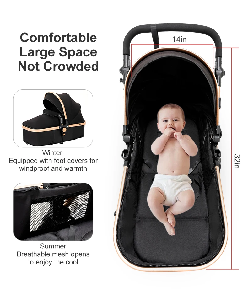 Poussette de Luxe 3 en 1 - Noir & Doré S503f3d8df064456d8fddefce4529415cd