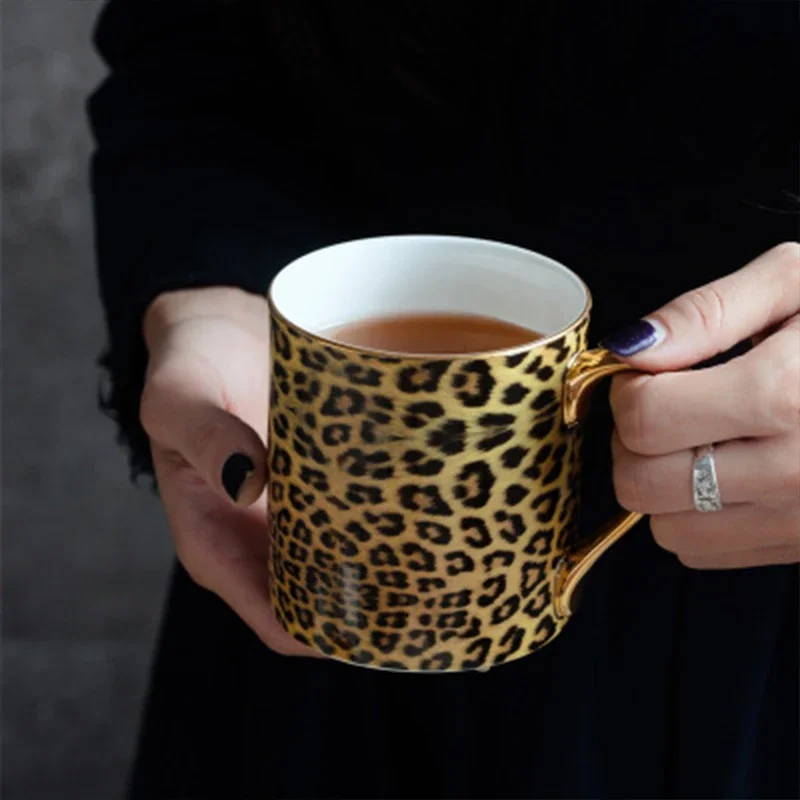 Creative Leopard Print Mugs Gold handle Tea cup, Porcelain Breakfast Milk Coffee Cup Casual Afternoon Tea cup,Kitchen Decoration