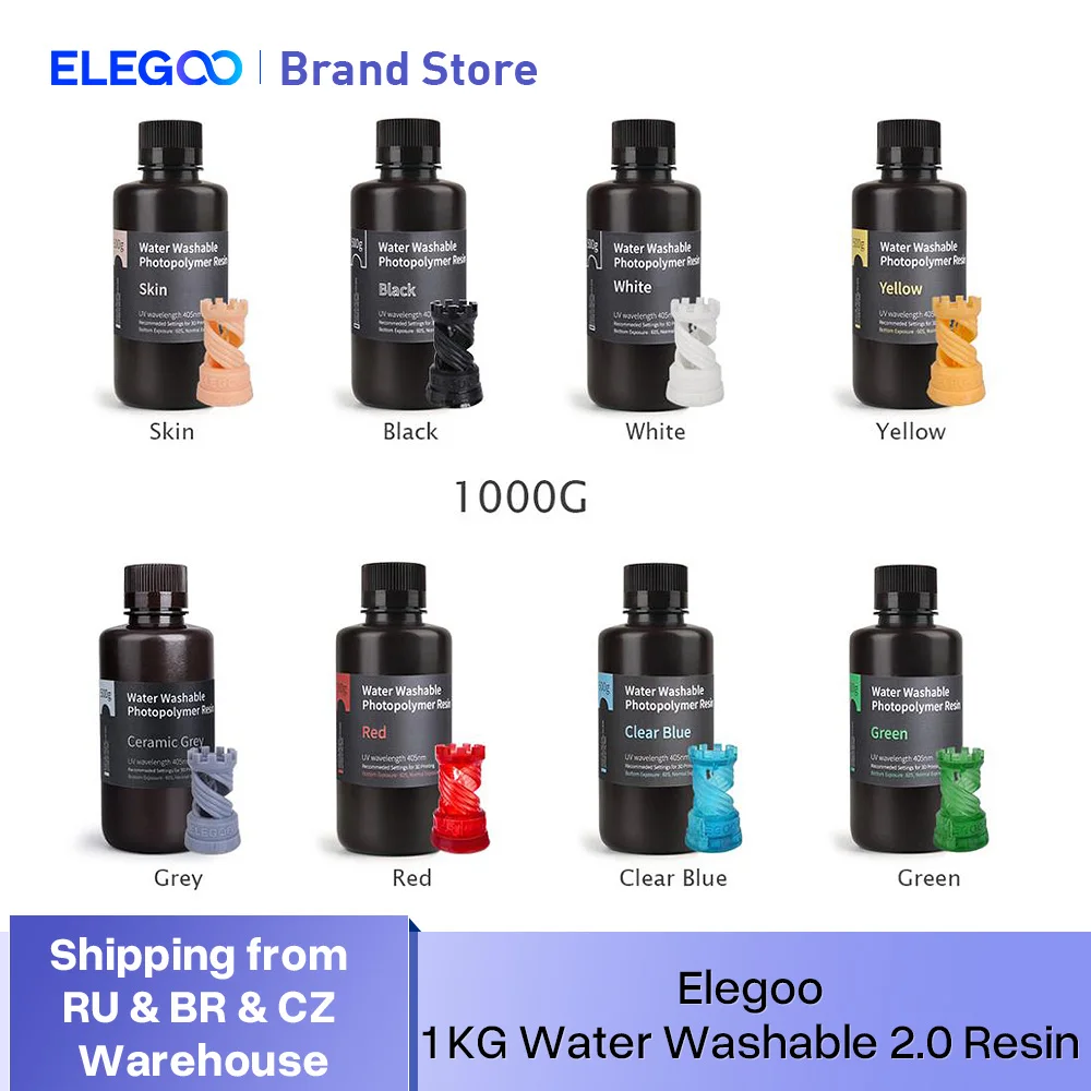 ELEGOO Water Washable 3D Printer Resin LCD UV-Curing Resin 405nm Standard Photopolymer Resin for LCD 3D Printing 1000g 8 Colors