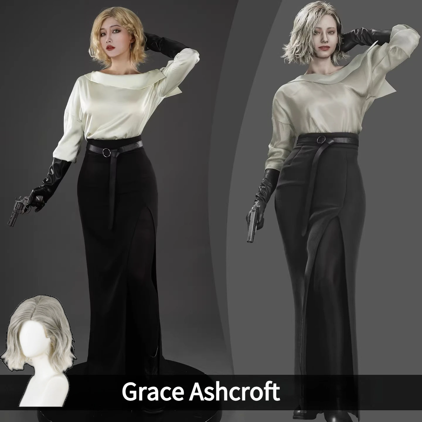

Grace Ashcroft Cosplay Costume Wig Resident 9 Elegant White Shirt Black Skirt Suit with Belt Earrings and Gloves for Women Party