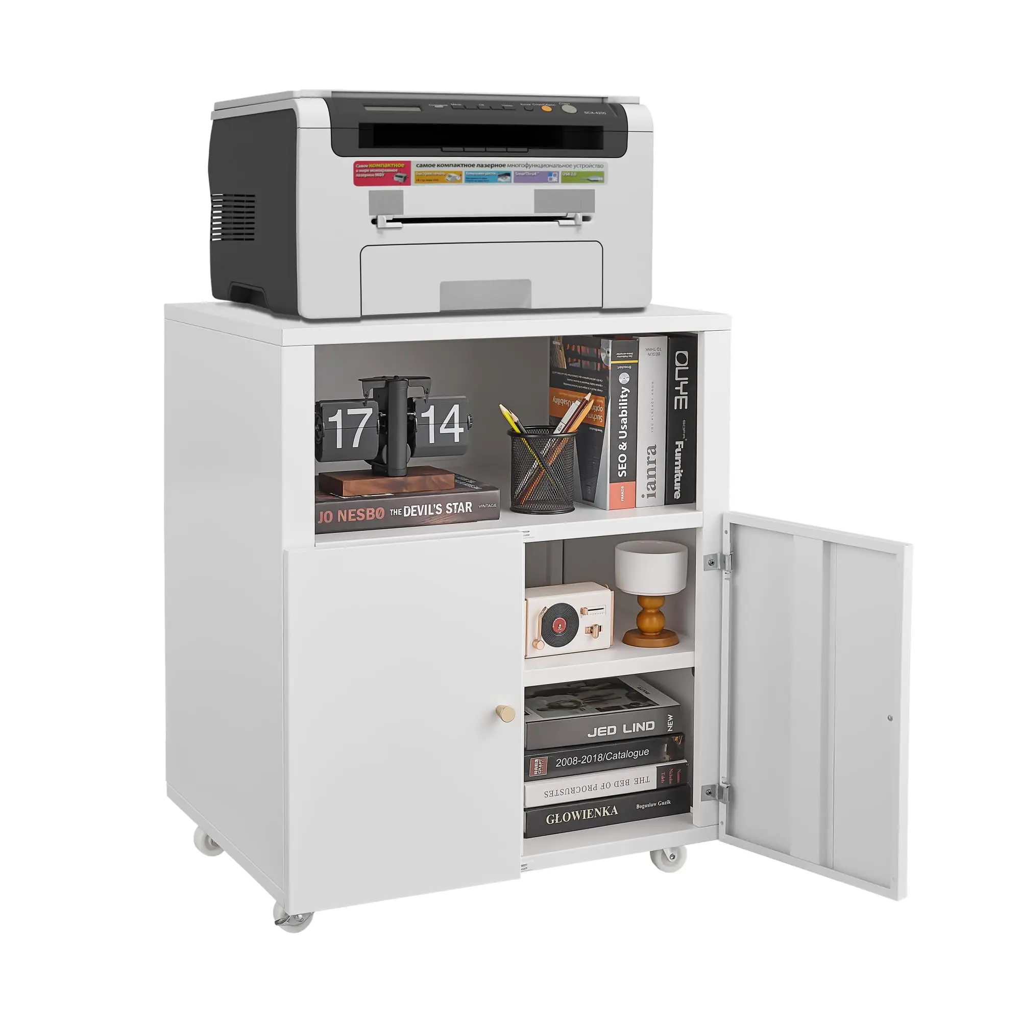 حامل طابعة مع مساحة تخزين، خزانة طابعة ناسخة مع بابين، خزانة ملفات معدنية متنقلة مع رف تخزين مفتوح للرسائل/الساق #2