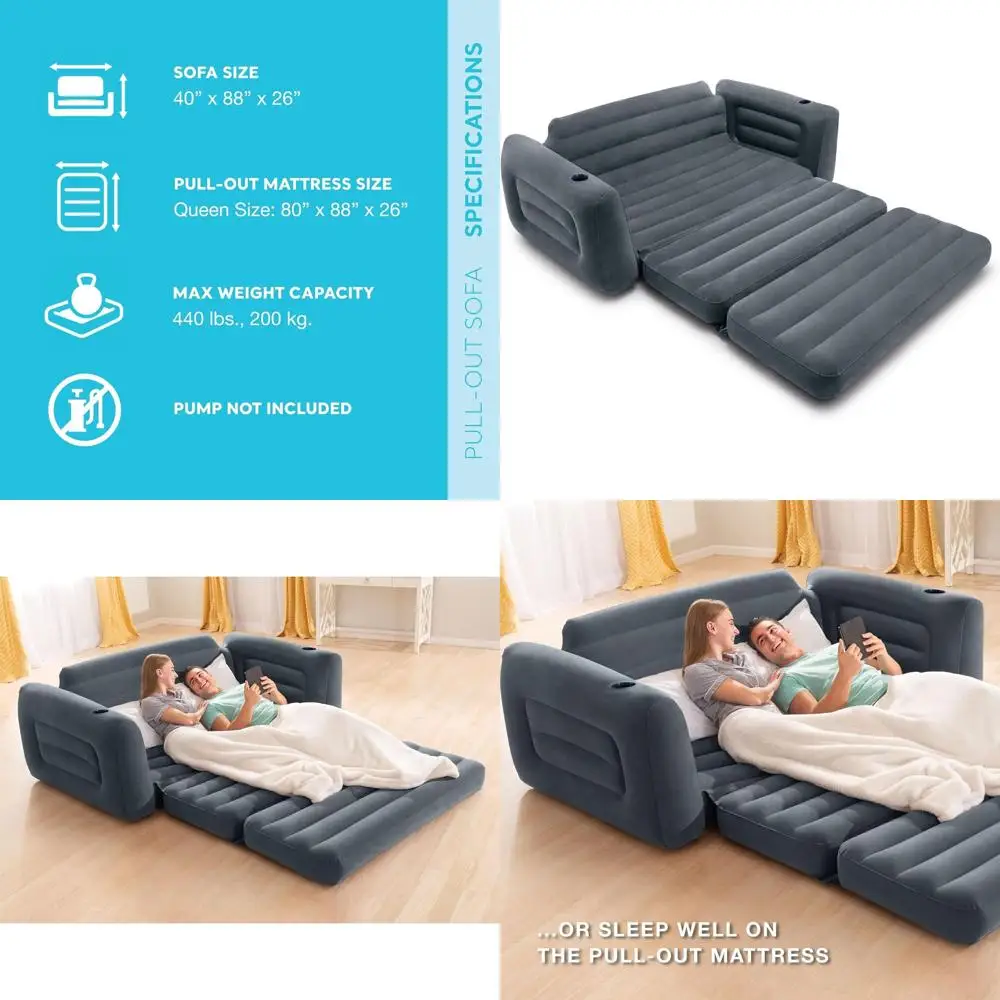 

Надувной диван из вельвета: 2-в-1 с клапаном, подстаканником, надувная кровать размера Queen, 46x88x26