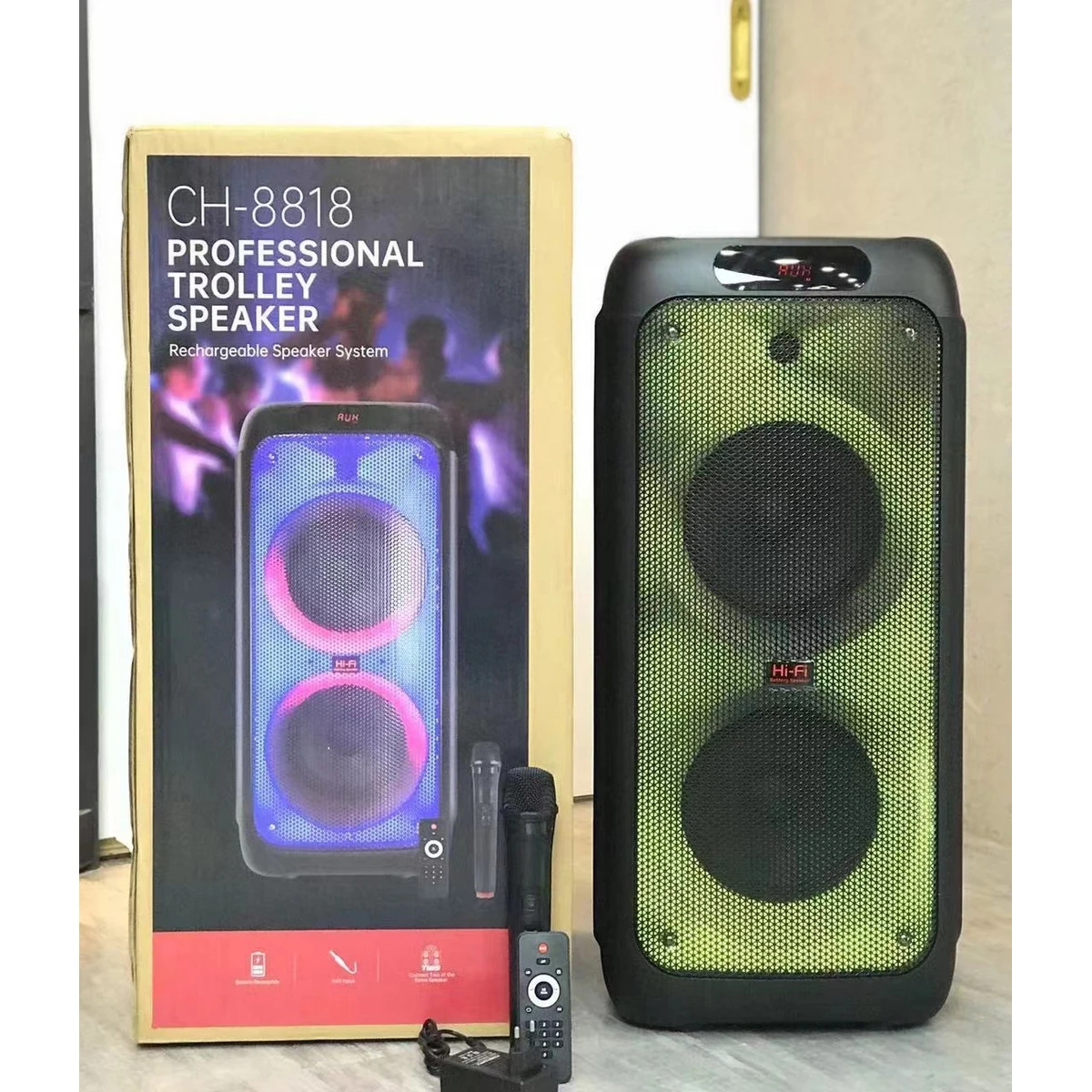 CH-8818 Factory wholesale double 8 inch light speaker Outdoor portable wireless speaker with wireless microphone