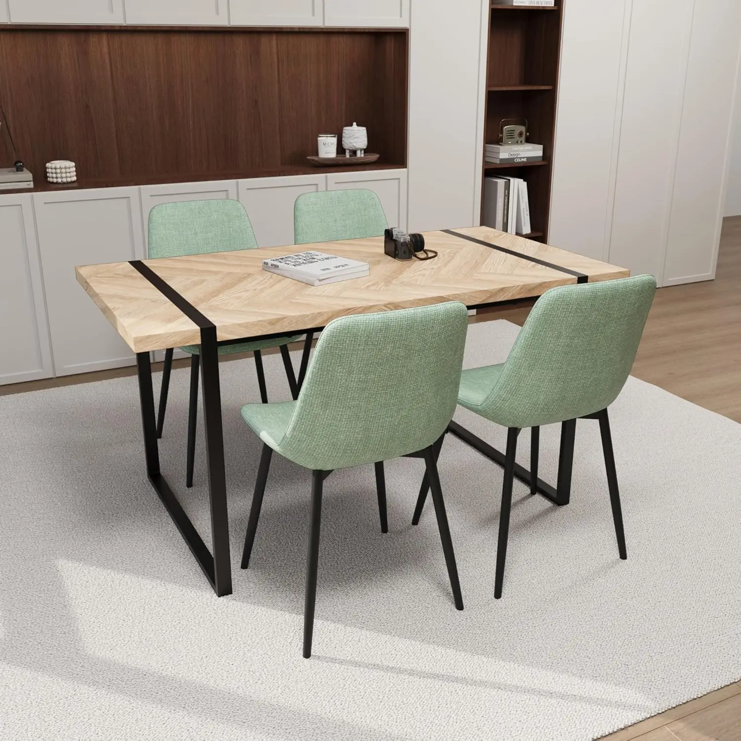 59"" Mdf Light Wood Dining Table Set, Modern Dining Chairs W/Suede Upholstery, Rectangular Metal Base, Farmhouse Kitchen