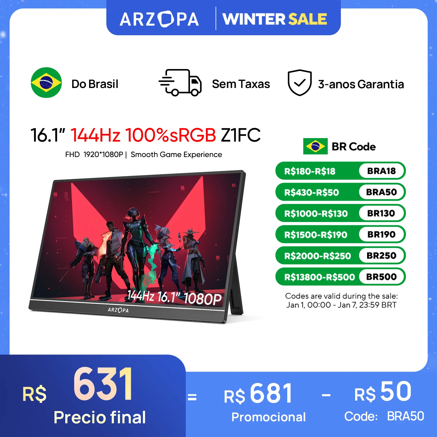 [produto no brasil] Novo ARZOPA 16.1 polegada 100% sRGB 144Hz Monitor de Jogos Portátil Display Laptop com Tipo C Mini HDMI Para PS4/5 Steam Deck