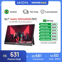 [produto no brasil] Novo ARZOPA 16.1 polegada 100% sRGB 144Hz Monitor de Jogos Portátil Display Laptop com Tipo C Mini HDMI Para PS4/5 Steam Deck Switch XBOX PC Mac, Z1FC