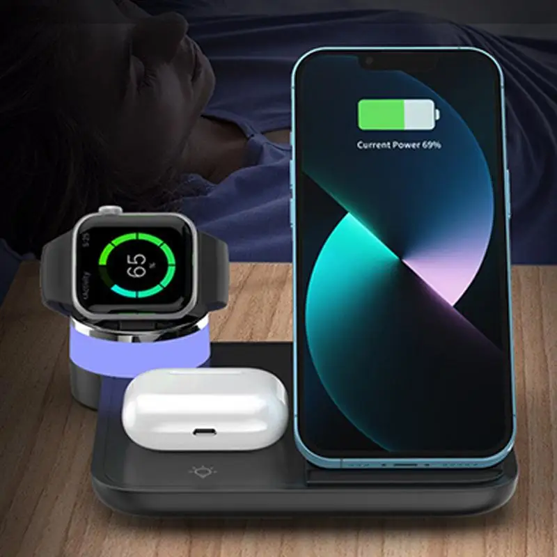 4 In 1 Wireless Charging Station Folding Magnetic Charger Station Stand Cell Phone Tablet Watch Charger With Light For Outdoor