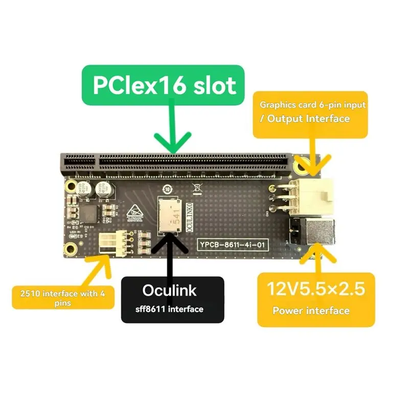 yss-oculink-sff-8611-から-pcie-x4-アダプターボードへ-gpu-6-ピンポート-12v-55x25-電源ポート付き-oculink-sff8611-から-pcie-40-アダプターへ