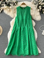 Green/White/Pink 2026 Summer New Lace Embroidery Dress Women Sleevelesss Dresses Female Vintage Party Beach Maxi Long Dresses