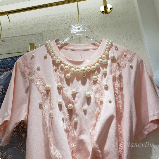 Camiseta de manga curta de pérola grande feminina, Tops de algodão soltos, babados com costura em renda, novo, verão, 2022