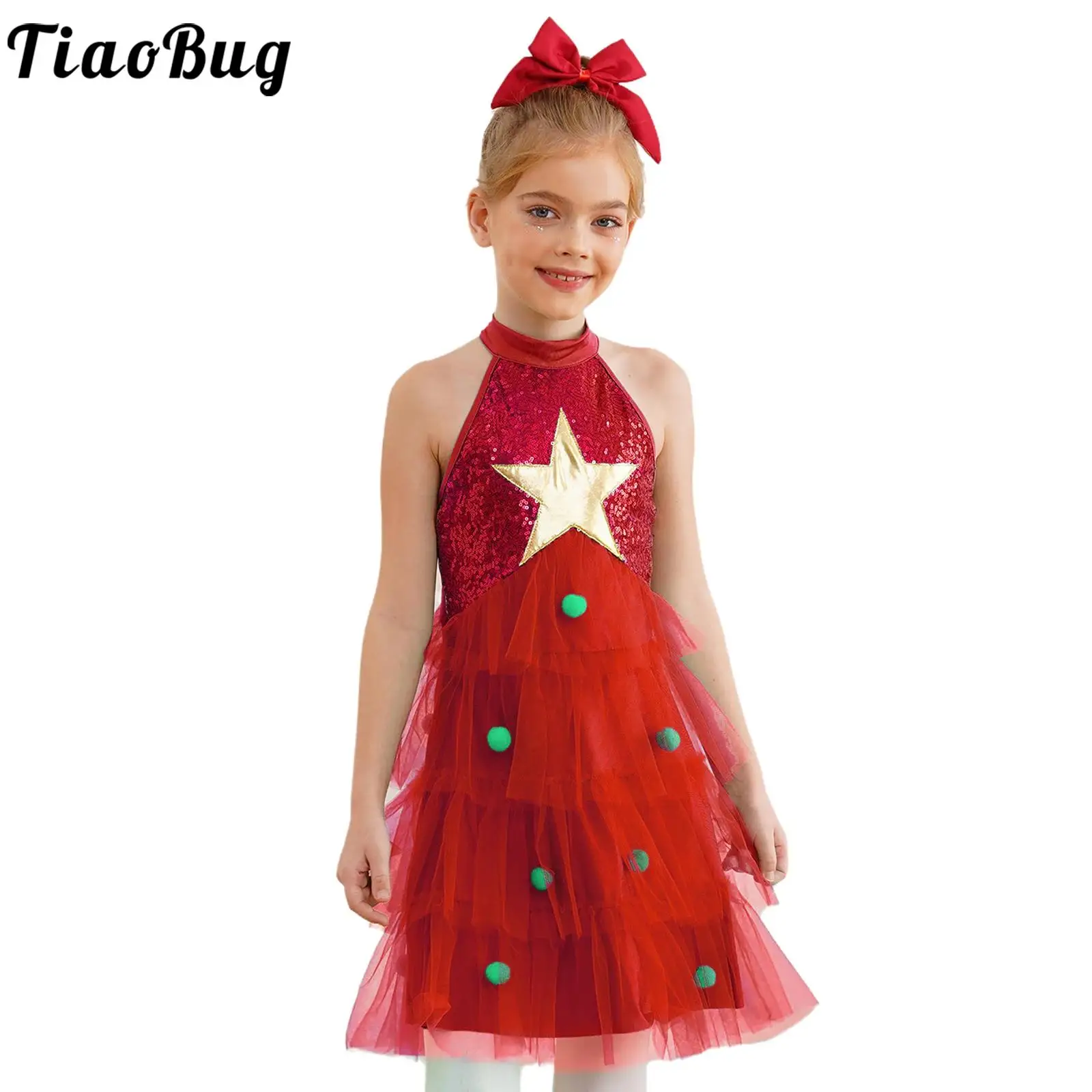 Girls Christmas Tree Costume Xmas Holiday Party Dance Elf Sleeveless Tiered Ballet Tutu Dress Sequins Pompoms Mesh Dance Dress