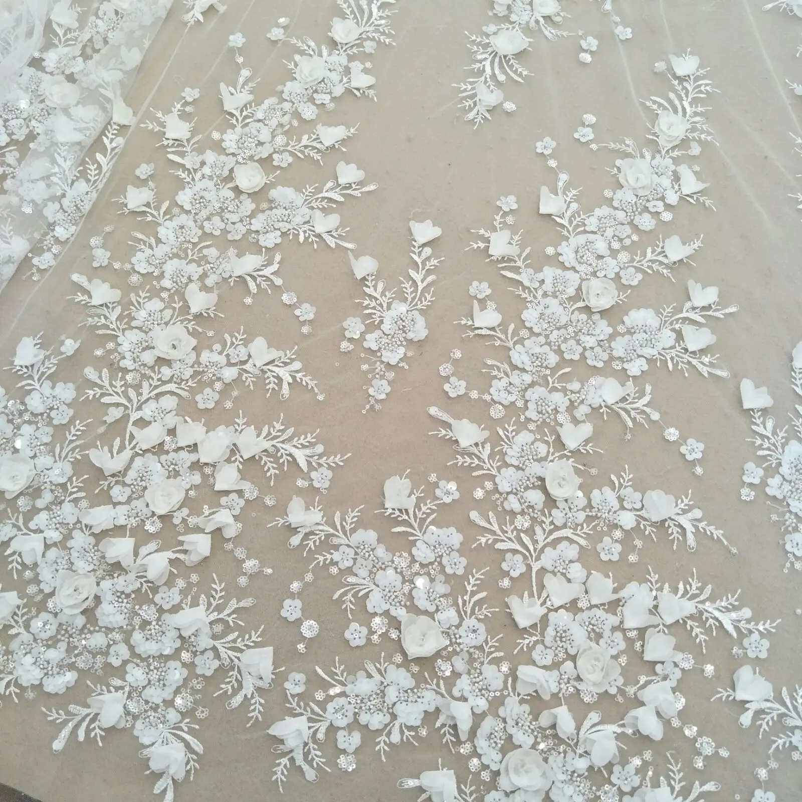 fashion handmade flower dress lace fabric 130cm width sequins lace with beads sell by yard