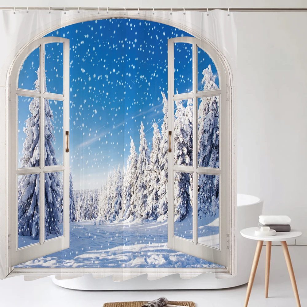 

Winter Cedar Trees Natural landscape Shower Curtains Bathroom Curtain Frabic Waterproof Polyester Bathroom Curtains with Hooks