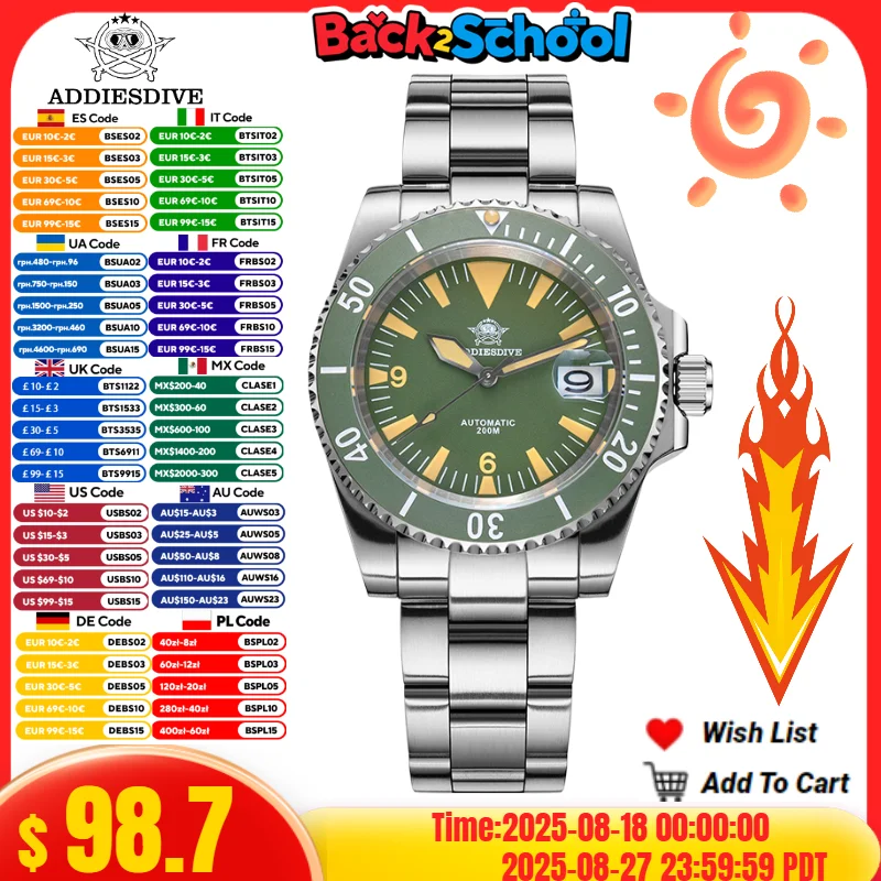 

ADDIESDIVE Men Luxury Watch Sapphire Glass Calendar 20Bar Diving C3 Super Luminous NH35A Movement Automatic Mechanical Watches
