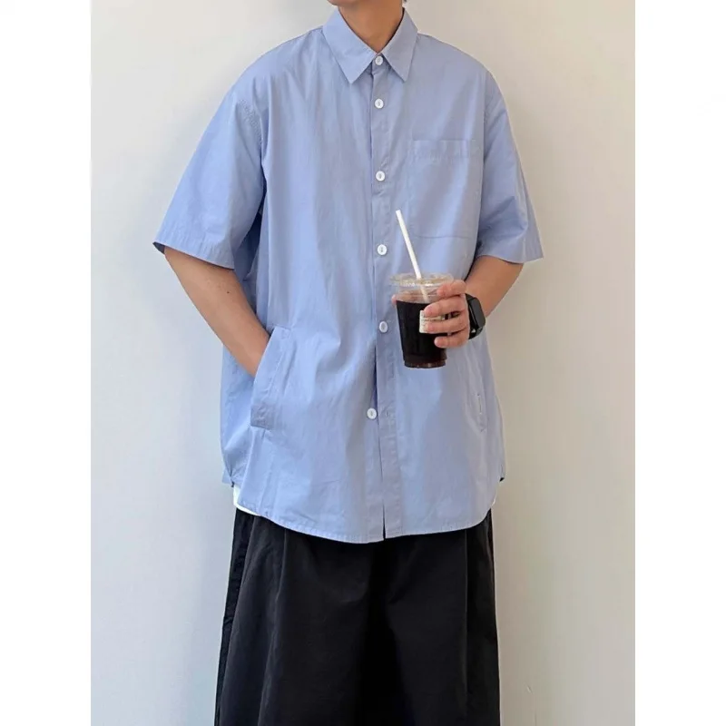 

Loose Fit Men's Short Sleeve Pure Color Blue Shirt Vintage Japanese Style Casual Summer Versatile Outerwear Polyester Fiber