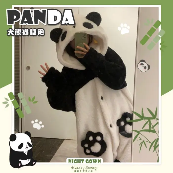 Cartoon Panda Long Robe Jumpsuit Pajama Kigurumi Cosplay Party Costume Loungewear Winter Women Thicken Coral Fleece Homewear