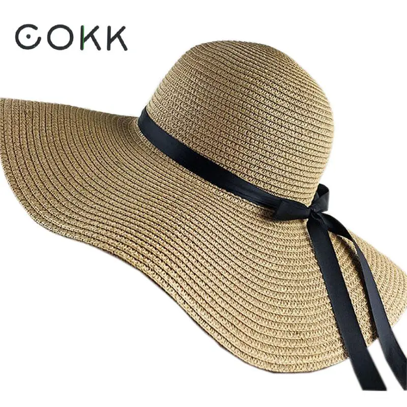 COKK Women Summer Hat Straw Sun Hat Beach UV Protect Travel Cap Lady Cap Female Simple Foldable Wide Brim Floppy Girls Beach Hat