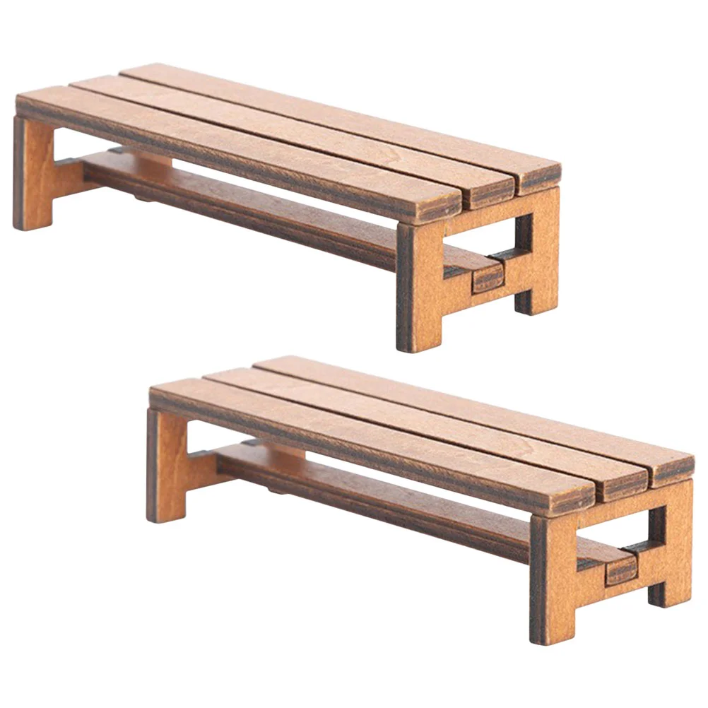 2 Pcs Toy House Mini Wooden Ornament Chair Dolls Bench Miniature Furniture Adornment Model Decor Brown
