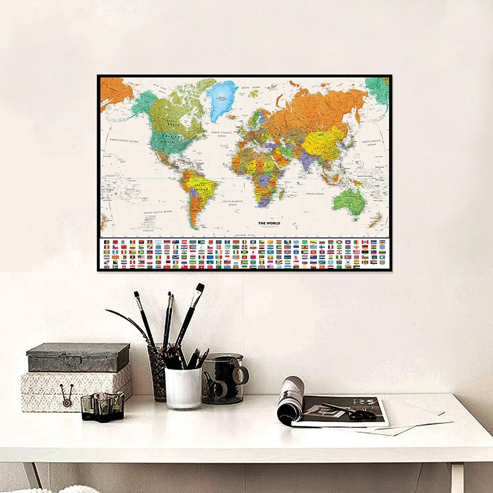 60*40cm The World Retro Map in English Spray Canvas Painting Wall Art Poster Office School Supplies Living Room Home Decor