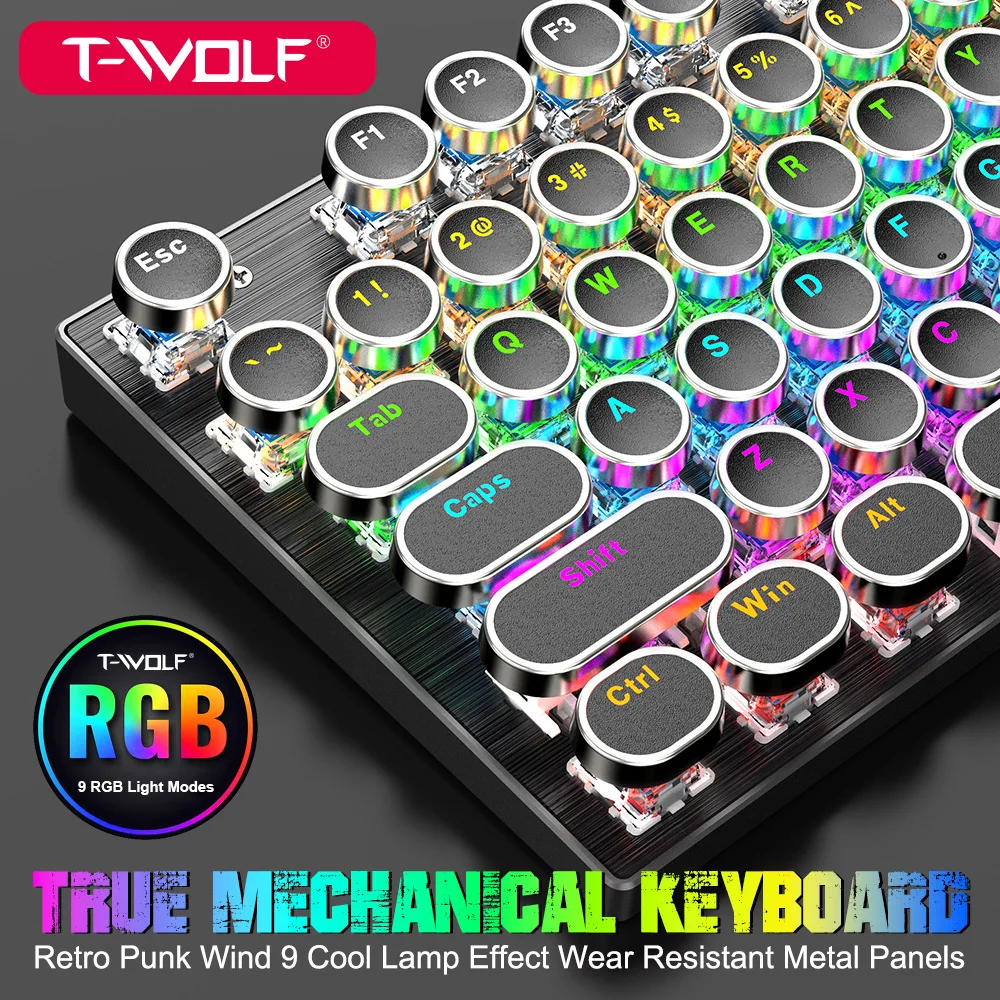 T-WOLF Thunderwolf T75 punk retro mechanical keyboard round keycap e-sports game Thai Russian Korean keyboard